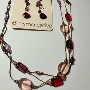 Red, Pink and Purple Beaded Necklace and Earring Set